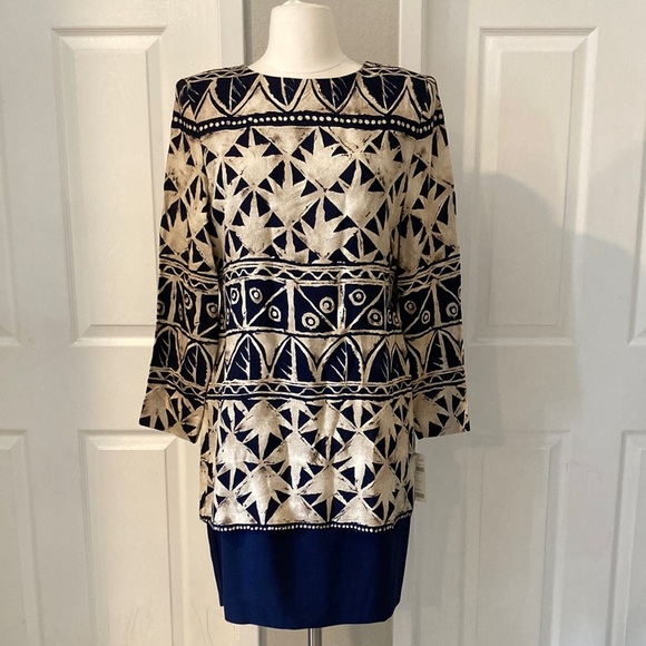 VINTAGE PETITE SOPHISTICATE COLLECTION Navy and Beige Patterned Dress Size 8 - Picture 1 of 7